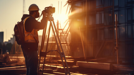 In the midst of a construction project, this image highlights a surveyor's skill with theodolite transit, crucial for architectural precision and land development. - obrazy, fototapety, plakaty