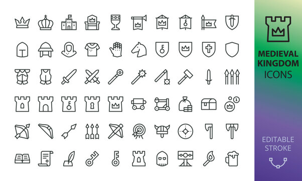 Medieval Kingdom isolated icons set. Set of king crown, castle, throne, medieval knight, tower, sword, shield, bow, arrow, crossbow, armor, weapons, siege weapon, banner, viking helmet vector icon