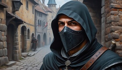 Portrait of  medieval  assassin in musk. Dnd character close up