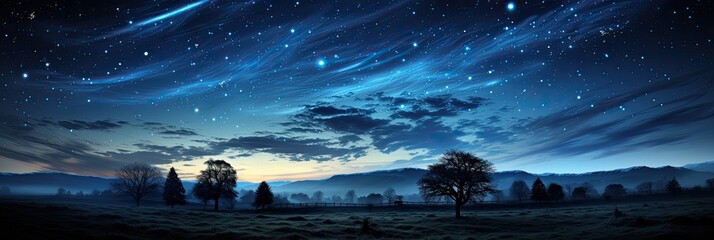 Cosmic stars burn brightly in the night sky. View of the stars with clouds through the trees in the...