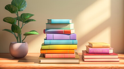 a stack of colorful books on a table, Generative AI
