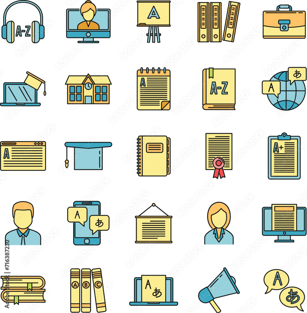 Poster modern foreign language teacher icons set. outline set of modern foreign language teacher vector ico