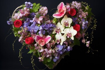 Bouquet of fresh flowers in the shape of a heart on a black background