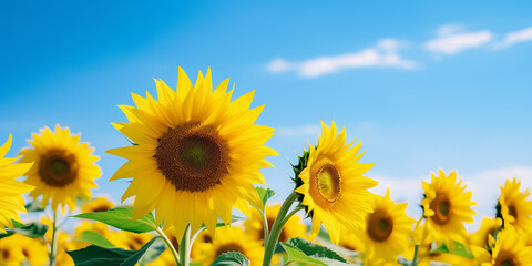 Sunflower Meadow Close-up View with Detailed Blue Sky