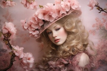 Curly blonde with a porcelain face wearing a wide-brimmed hat with flowers stands with her head bowed
