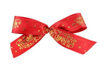 Red ribbon bow with gold lettering, isolated on transparent background. PNG image.