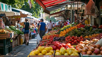 Fototapeta na wymiar Vibrant Outdoor Market Bursting With Fresh Fruits and Vegetables
