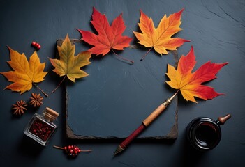 Red autumn leaves on a blue slate background, with a vintage quill pen and inkwell placed subtly, viewed from the top