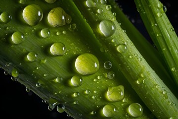 Fresh leeks with water splashes and drops on black background
