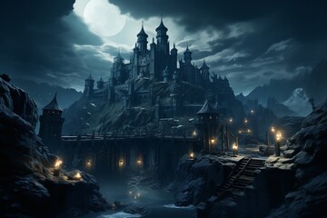 Ancient Fortress Defense under Moonlight, on an isolated Navy Blue background, Generative AI