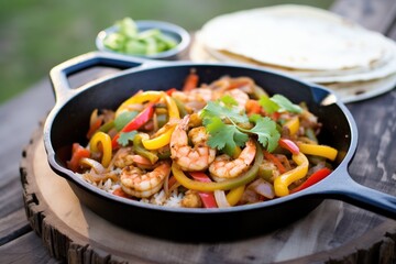 grilled shrimp fajitas with bell peppers on a cast iron skillet