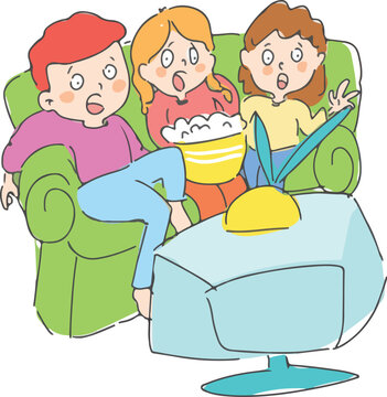 Group of friends sitting on couch or couch in the dark and watching scary movie. Young girls and boys with scared faces are looking at the TV screen. Colorful vector illustration.
