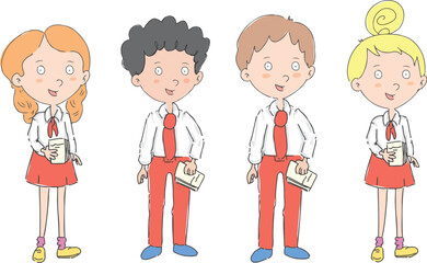 Male and female students holding notebooks.