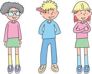 Children standing. Student cartoons drawn on a white background.