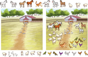 Collection of animals on the farm. Mathematics counting activity.