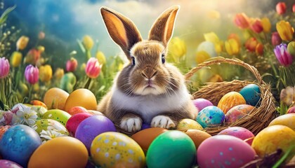 Easter Bunny with Eggs: A charming Easter bunny surrounded by a collection of vibrantly colored Easter eggs.