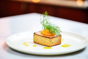 angled shot of a single foie gras toast with a sprig of dill