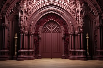 Fototapeta na wymiar Castle Front with Grand Arched Gateway, on an isolated Deep Maroon background, Generative AI