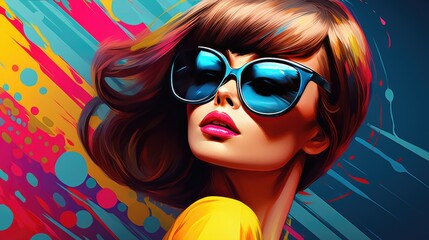 Stylish woman with sunglasses against vibrant pop art background. Fashion and style. - obrazy, fototapety, plakaty