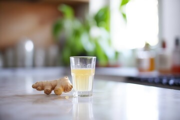 glass of ginger shot with a blurred kitchen backdrop