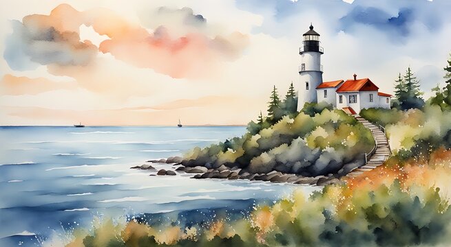 Lighthouse on an island in the ocean watercolour
