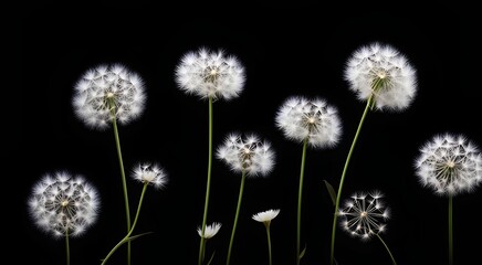 airy dandelions on a black background