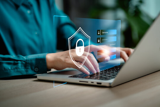 Internet network cybersecurity concept, data privacy protection from malicious attacks, digital information technology security,.Businesswomen login interface virtual online network. - Powered by Adobe