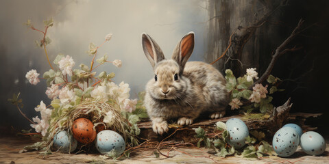 Fototapeta na wymiar Easter background. Bunny on a background of Easter eggs and flowers. Banner. Copy space