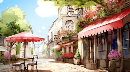 Obraz premium a beautiful cafe street with flowers and plants