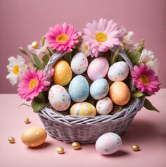 Obraz na płótnie Canvas Easter Bliss: Basket with Pastel Eggs on Pink Background