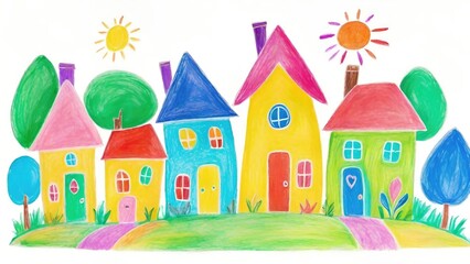 Childlike Drawing of Family House, Tree, Sun Illustration, Colorful Crayon Isolated on White Background