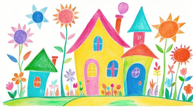 Childlike Drawing of Family House, Tree, Sun Illustration, Colorful Crayon Isolated on White Background
