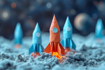 Concept of Leadership concept red paper rocket and other blue rockets.