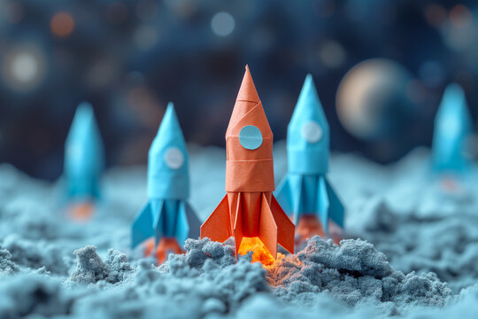 Concept of Leadership concept red paper rocket and other blue rockets.