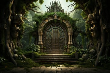 Citadel Entrance with Massive Wooden Doors, on an isolated Forest Green background, Generative AI