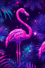 Flamingo. Abstract, artistic, multi-colored image of a flamingo on a dark purple background in pop art style, Neon flamingo, glitter, Purple wallpaper