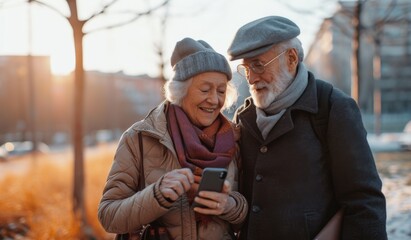 Happy old pensioner couple holding a smartphone, outdoor portrait, blue morning light. Senior people society lifestyle technology concept.