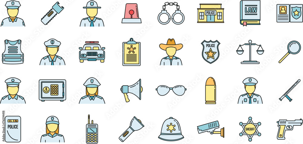 Poster guard policeman icons set. outline set of guard policeman vector icons thin line color flat on white