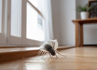 House Dust Mite with fly's on wood floor from AI Generative - obrazy, fototapety, plakaty