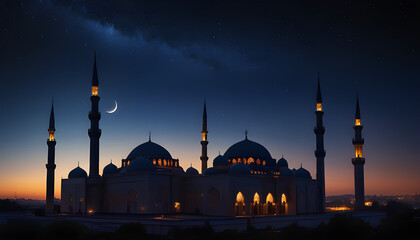 Wallpaper featuring a serene night scene with a mosque  and ample space for text or messages.
 - obrazy, fototapety, plakaty
