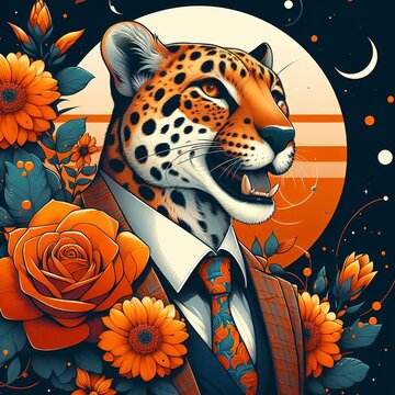 Anthropomorphic stylish leopard in orange flowers space