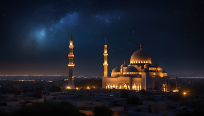Fototapeta na wymiar Wallpaper featuring a serene night scene with a mosque and ample space for text or messages. 