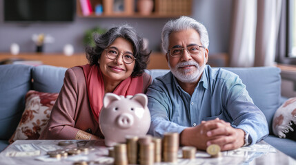 A retired Indian couple sitting with their piggy bank,concept for retirement saving - obrazy, fototapety, plakaty