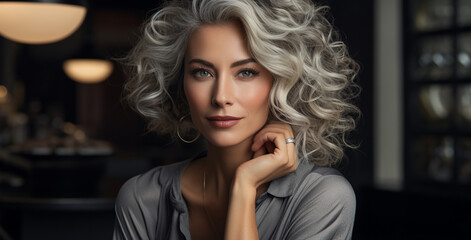 Portrait of attractive young woman with salon curly trendy gray hair color, white clean skin, long eyelashes and gray desaturated lips. Studio fashion beauty shot. Isolated