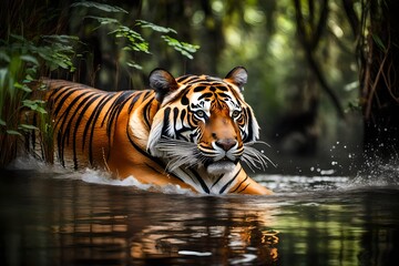 regal Bengal tiger taking a leisurely swim in a jungle river, its powerful strokes cutting through the water with an air of majestic grace