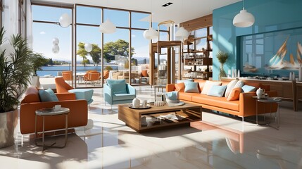 Belle appartement au bord de la mer avec une grande baie vitrée, grande pièce à vivre avec beaucoup d'espace, moderne et jolie. Vue sur un beau ciel bleu ensoleillé avec des palmiers