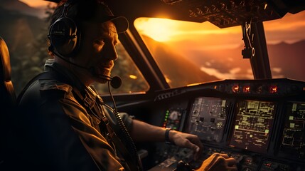 Pilote d'avion en action de piloter un avion dans le ciel, concentrer dans son travail - obrazy, fototapety, plakaty
