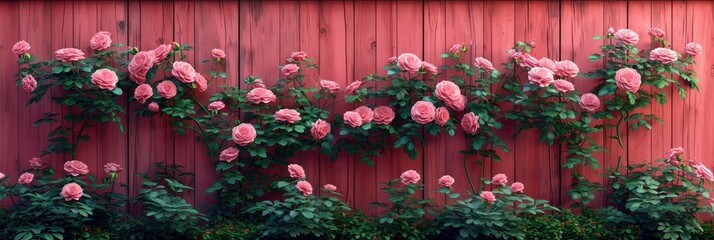 Fototapeta na wymiar Beautiful Pink Roses Blooming On Fence, Banner Image For Website, Background, Desktop Wallpaper