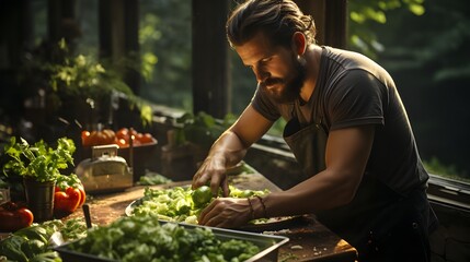 Chef cuisinier entrain de faire à manger sur un plan de travail, fruits et légumes frais, restaurateur en action devant son potager - obrazy, fototapety, plakaty
