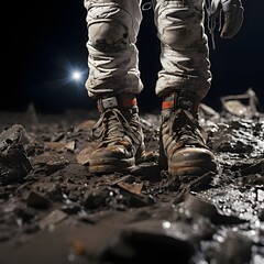 Traces de chaussures sur la lune, paysage lunaire dans l'espace - obrazy, fototapety, plakaty
